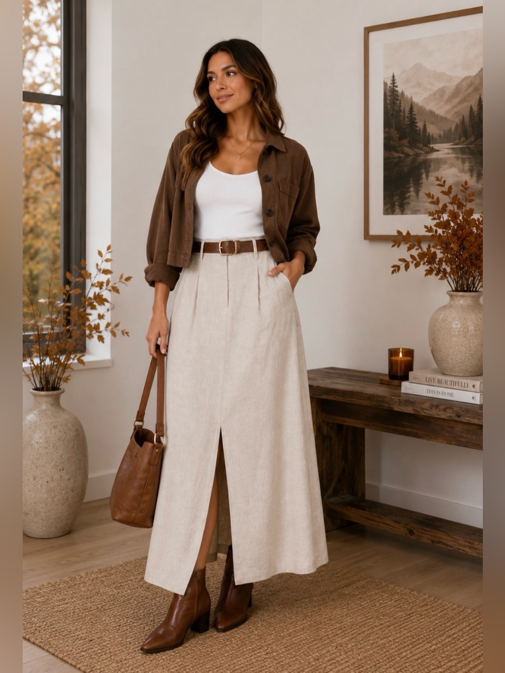 Vero Moda VMFlorence Linen Blend Maxi Skirt Oatmeal Front Slit M